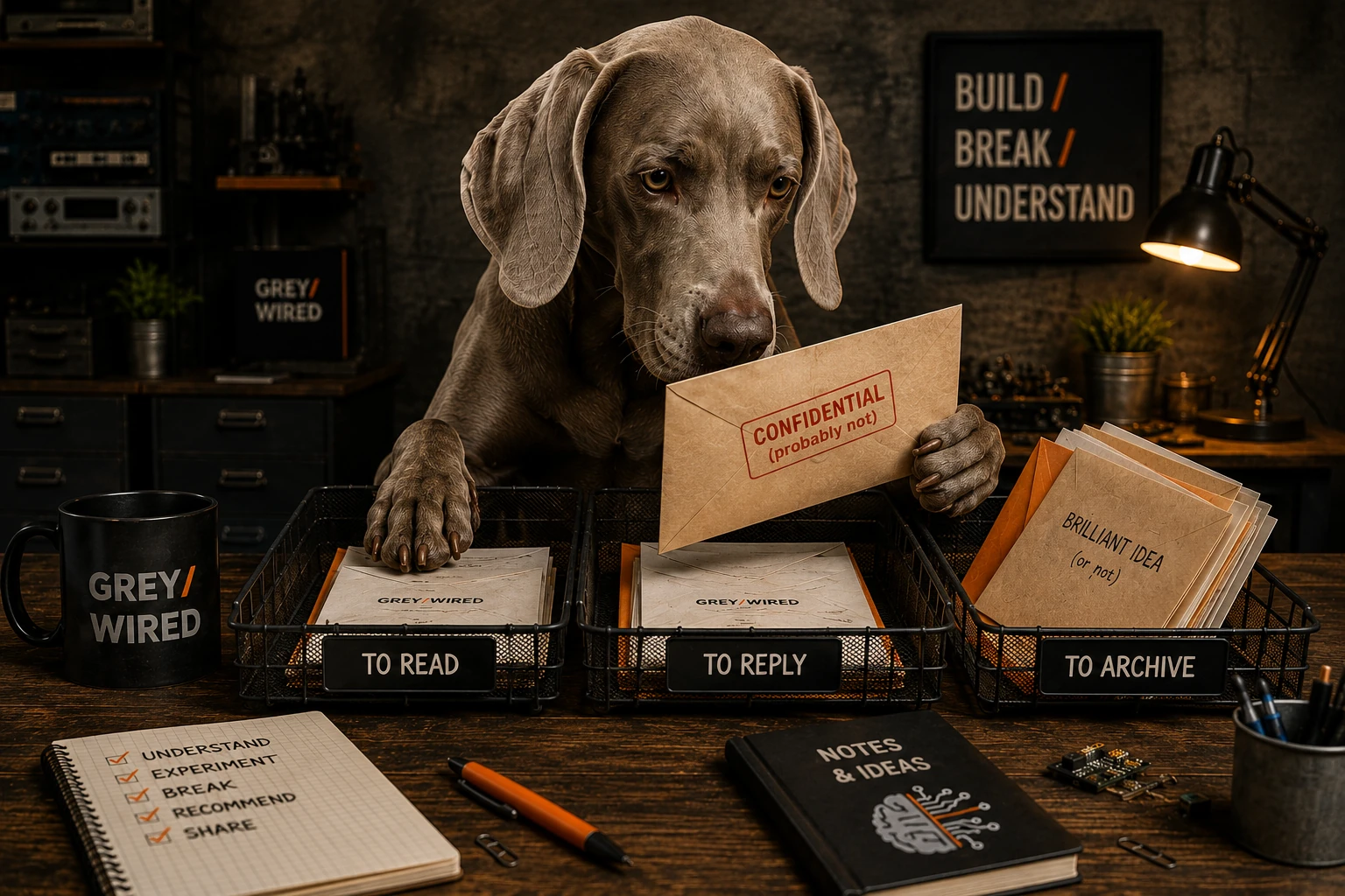 The GREY/WIRED Weimaraner busy sorting the mail.