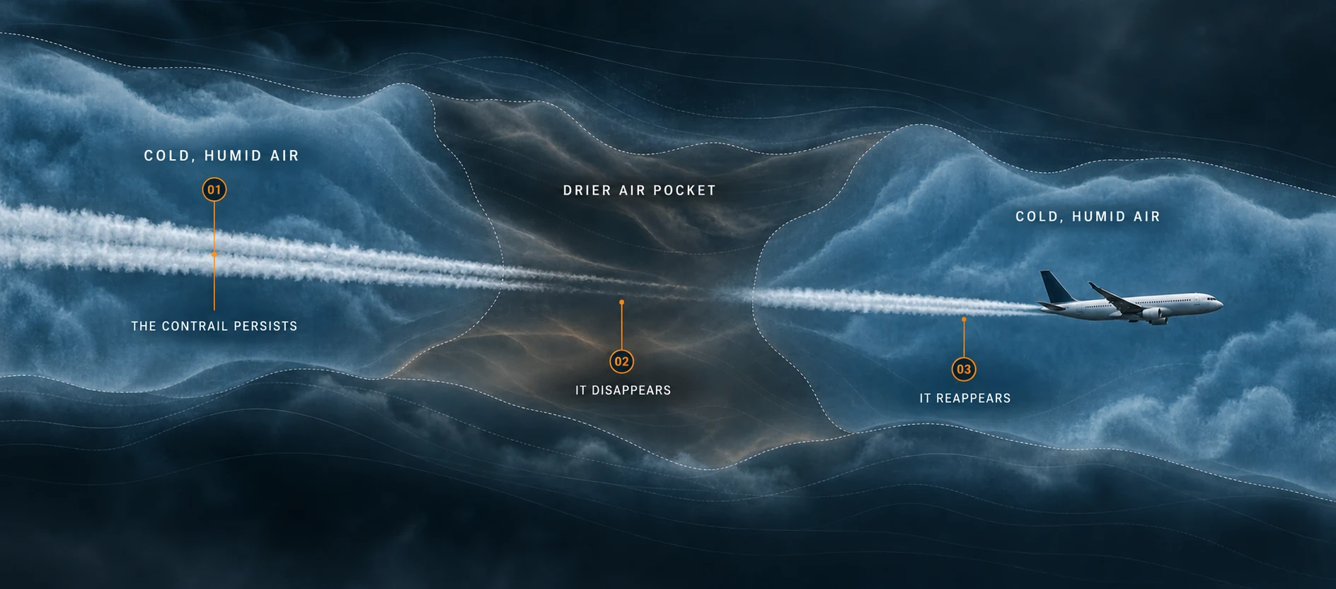 Infographic showing a trail persisting in cold, humid air and disappearing in a drier pocket