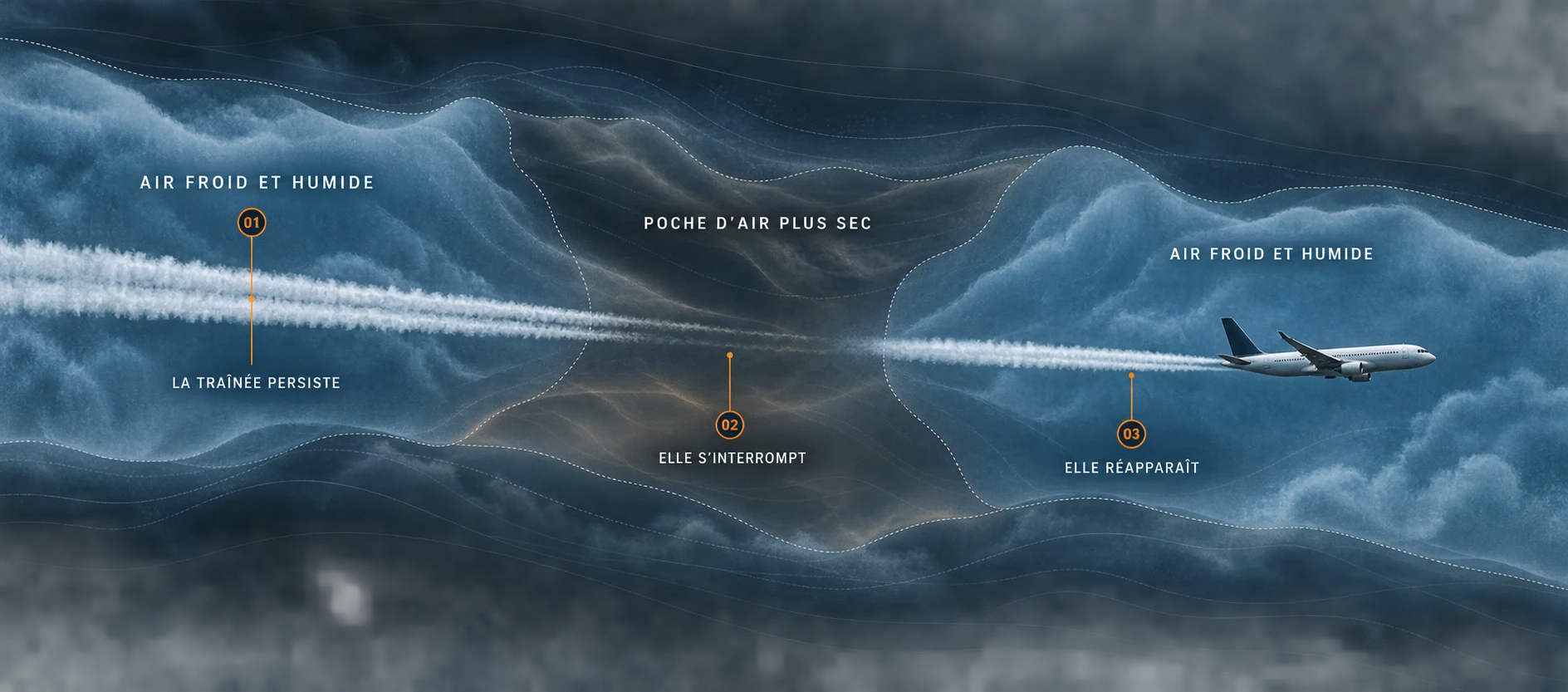 Infographie montrant une traînée qui persiste dans l’air froid et humide et disparaît dans une poche plus sèche